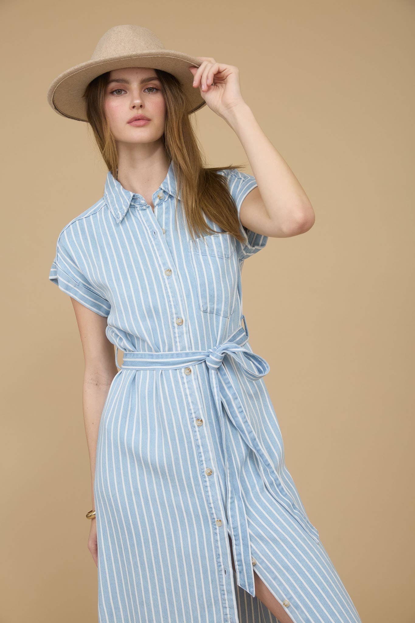 Striped Chambray Tie Belt Midi Dress