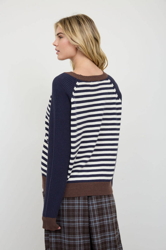 NAVY STRIPED COLORBLOCK RAGLAN CREW SWEATER