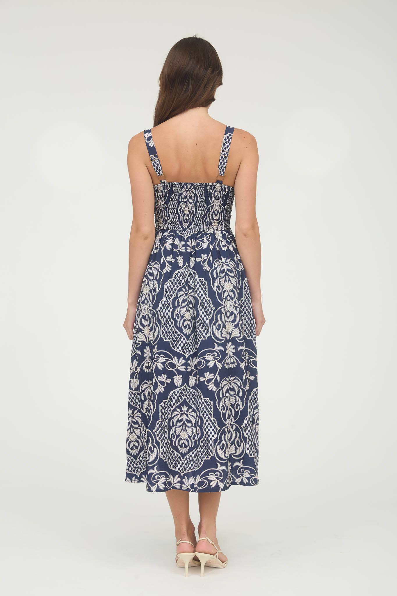 Navy Floral Damask Bow Detail Sleeveless Midi Dress