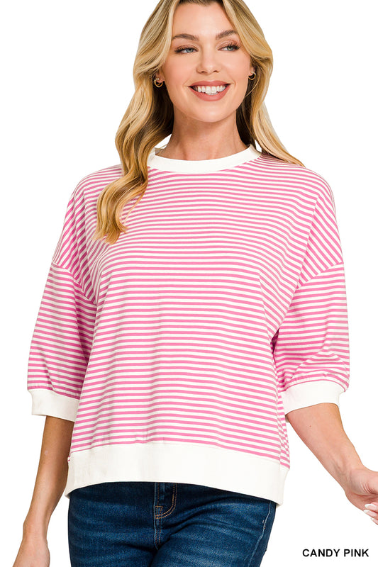 Pink Striped Contrast Trim Banded Bottom Top