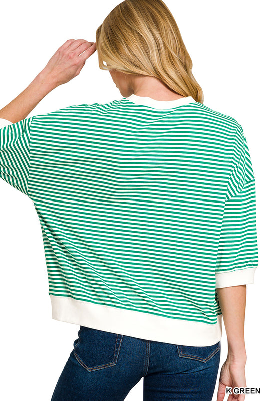 Kelly Striped Contrast Trim Banded Bottom Top