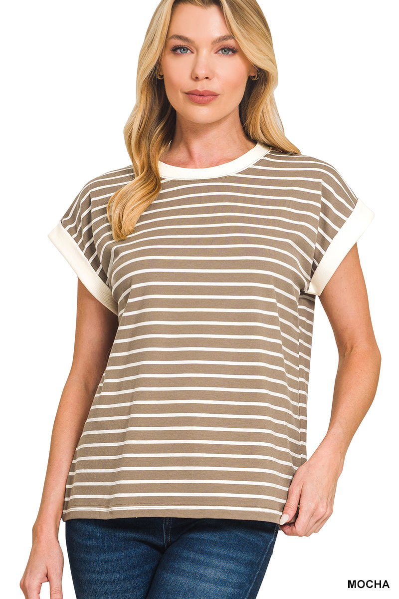 Mocha Contrast Stripe Short Sleeve Top