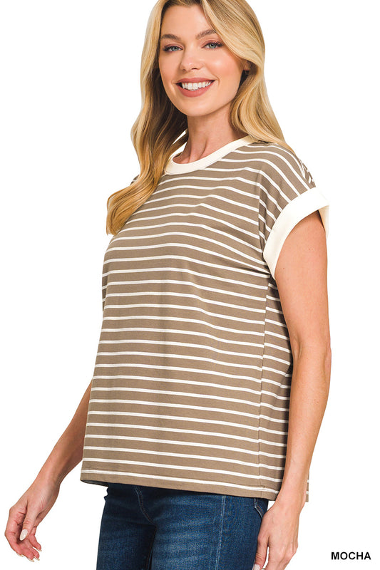 Mocha Contrast Stripe Short Sleeve Top