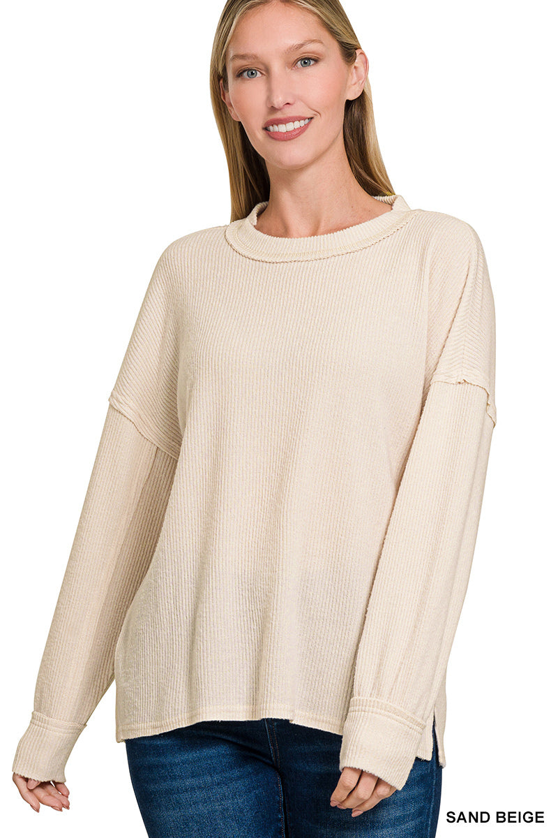 Beige Brushed Drop Shoulder Exposed Seam Sweater