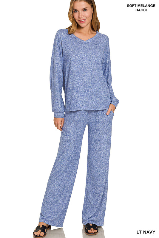 Light Navy Melange V-neck Long Sleeve Top + Pants Set