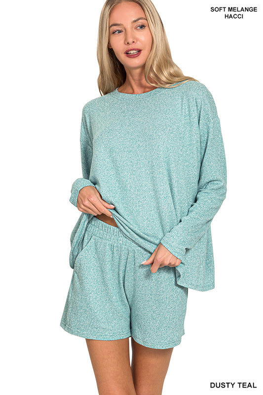 Dusty Teal Melange Long Sleeve Top + Shorts Set