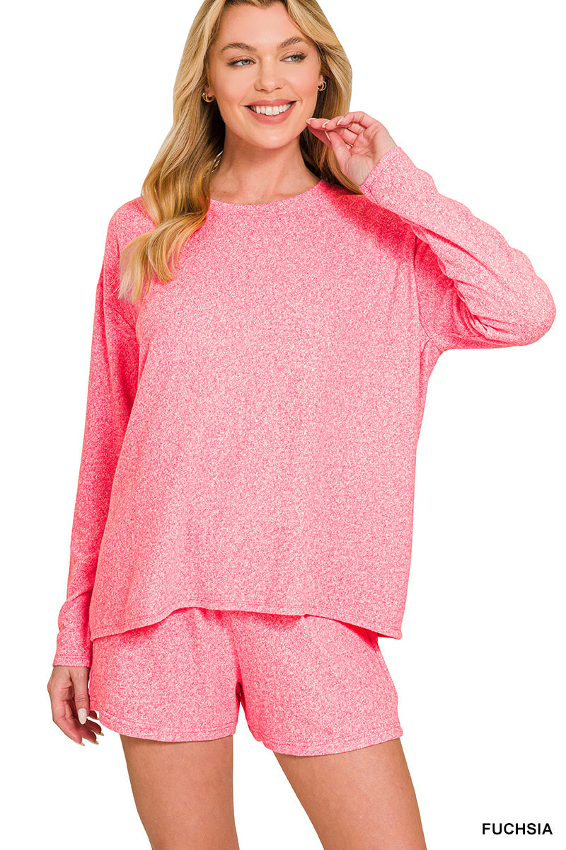 Pink Melange Long Sleeve Top + Shorts Set