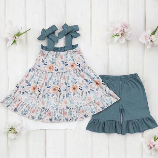 Floral Strap Tunic Top + Ruffle Shorts