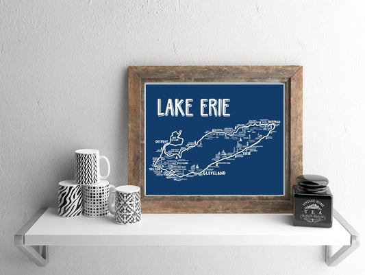Lake Erie Map 8x10 Print - Blue