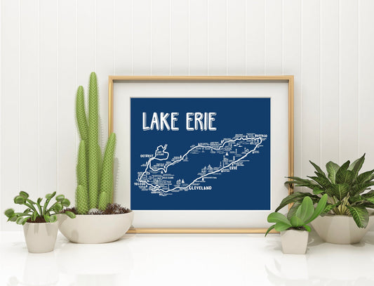 Lake Erie Map 8x10 Print - Blue