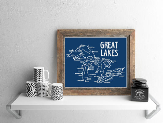 Great Lakes Map 8x10 Print - Blue