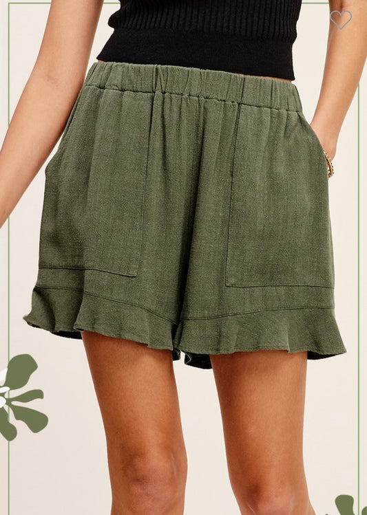 Olive Lightweight Ruffle Shorts with Pockets