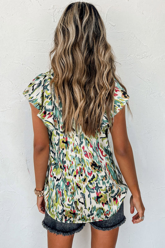 Green Abstract Print Ruffle Sleeve Blouse