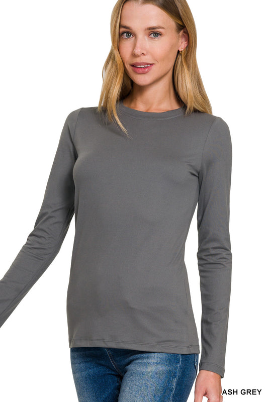 Ash Grey Microfiber Long Sleeve Crewneck Tee