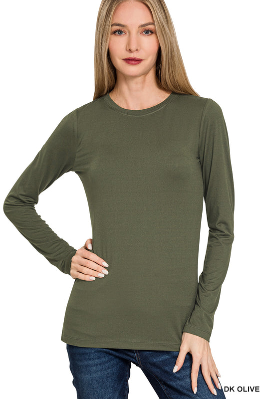 Dark Olive Microfiber Long Sleeve Crewneck Tee