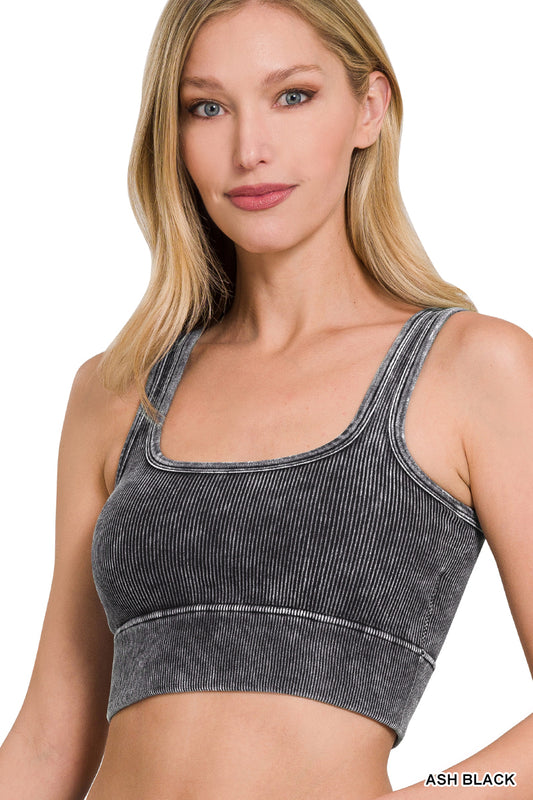 ASH BLACK WASHED RIBBED SQUARE NECK CROP W/ BRA PADS