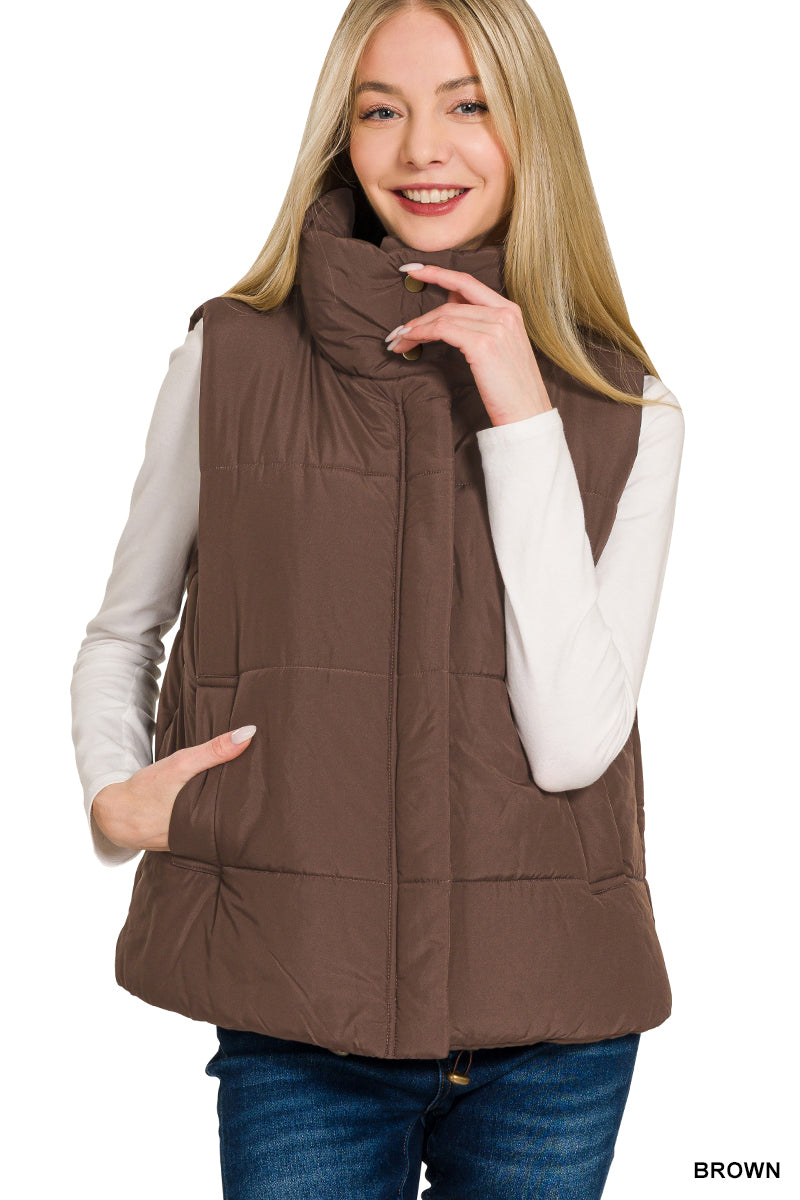 Brown High Neck Puffer Vest