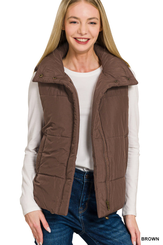 Brown High Neck Puffer Vest