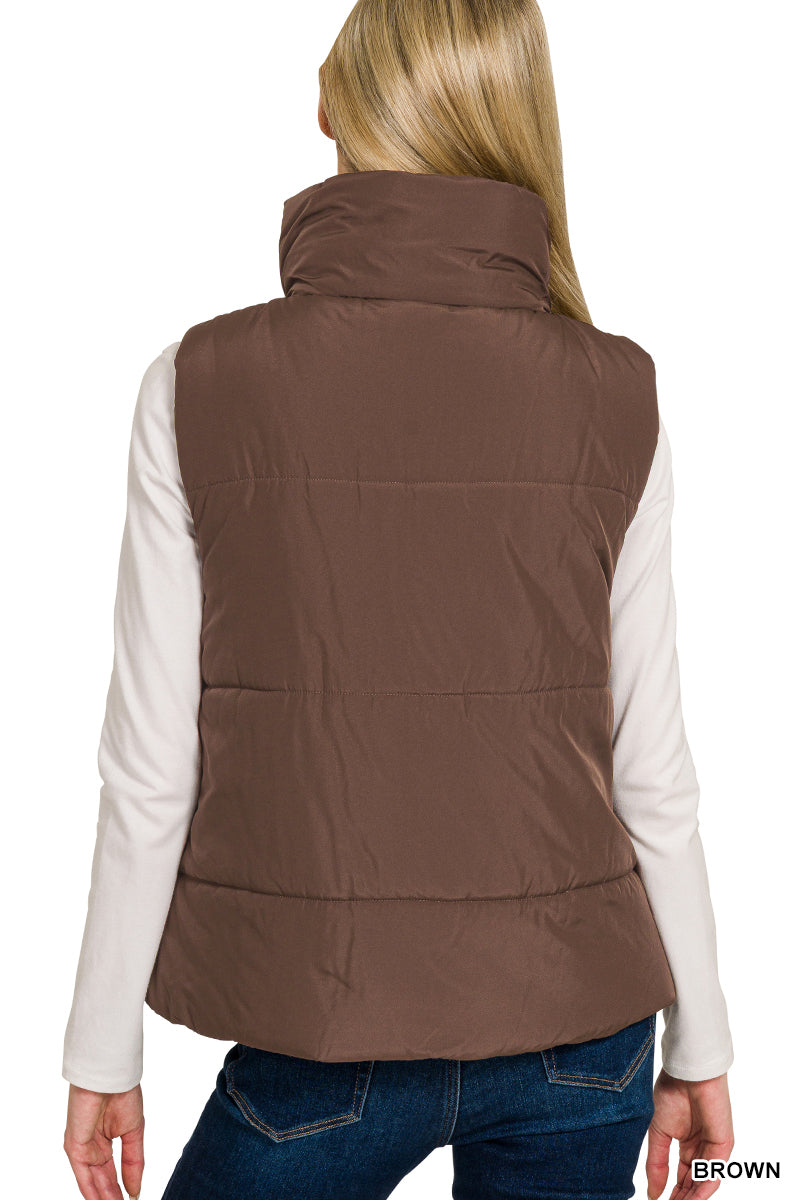 Brown High Neck Puffer Vest