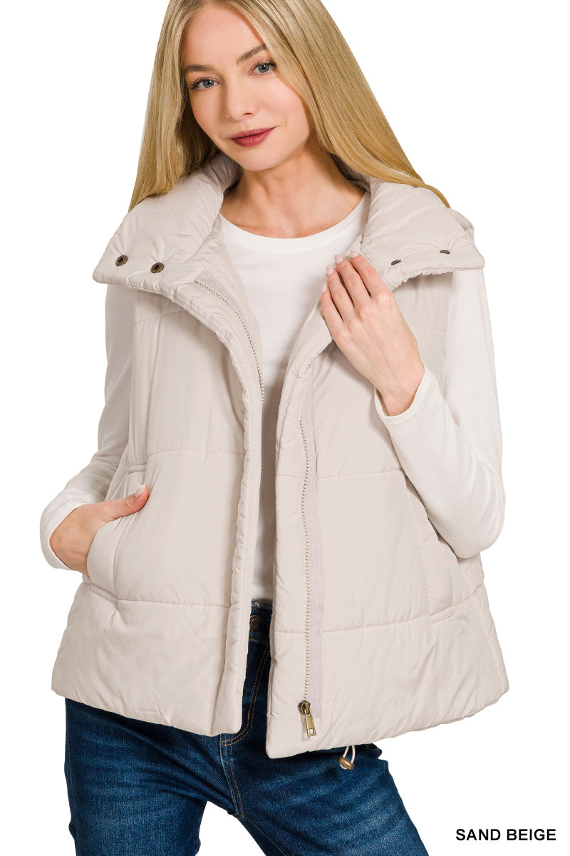 Beige High Neck Puffer Vest