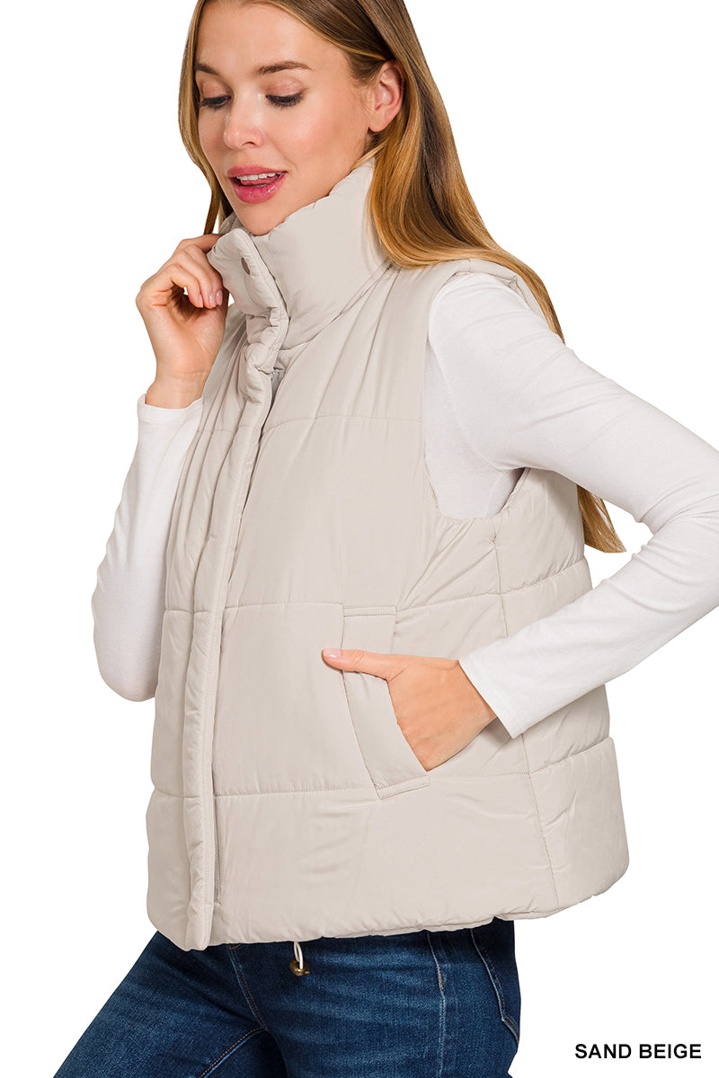 Beige High Neck Puffer Vest