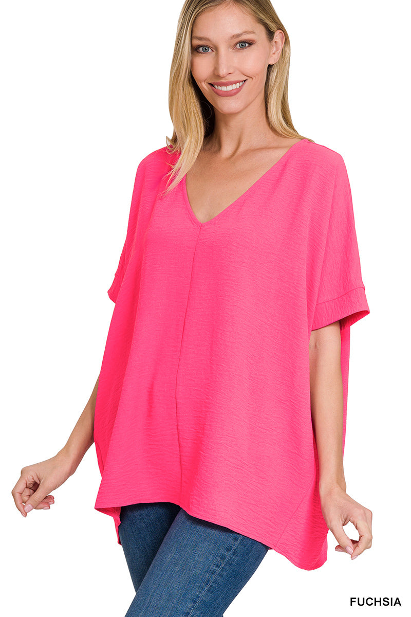 Hot Pink Woven V-neck Dolman Top
