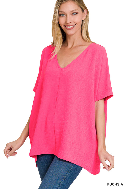 Hot Pink Woven V-neck Dolman Top