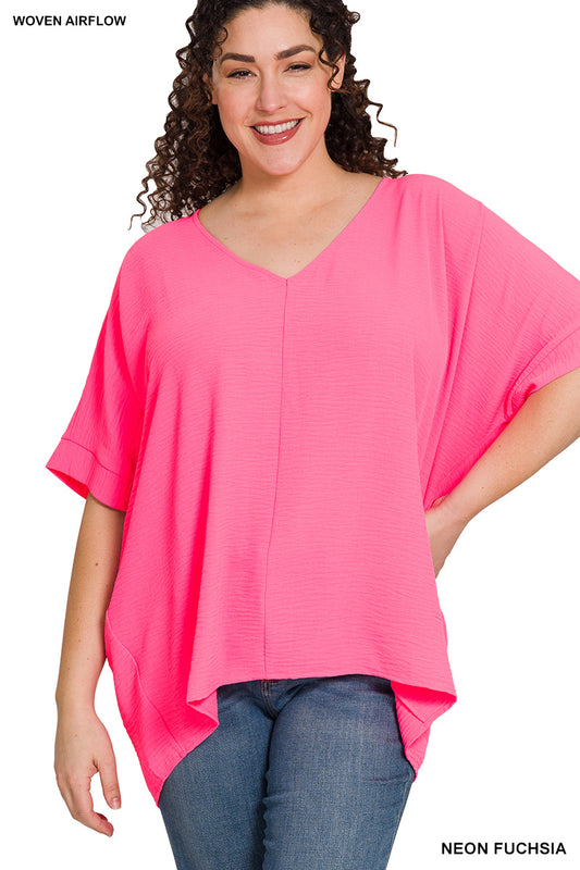 Hot Pink Woven V-neck Dolman Top