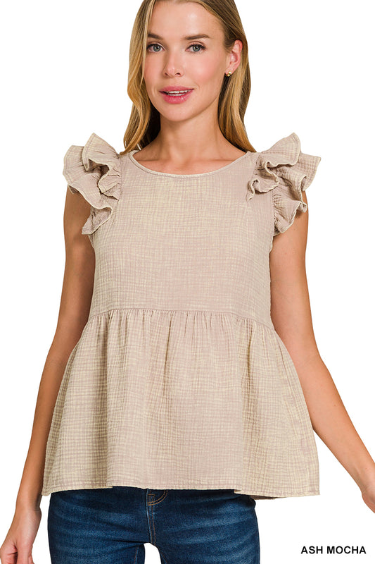 ASH MOCHA DOUBLE GAUZE TIERED RUFFLE PEPLUM