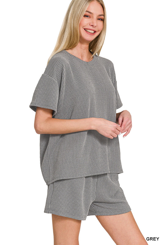Grey Corded Rib Knit Short Sleeve Tee + Shorts Set