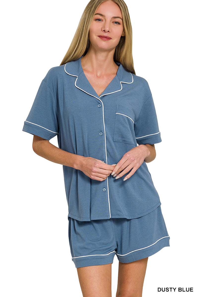 DUSTY BLUE SHORT SLEEVE BUTTON DOWN SHIRT & SHORTS - 2 PIECE SET