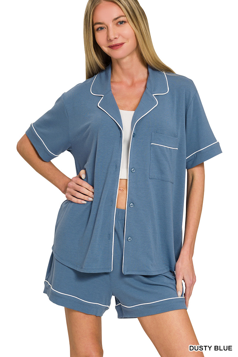 DUSTY BLUE SHORT SLEEVE BUTTON DOWN SHIRT & SHORTS - 2 PIECE SET
