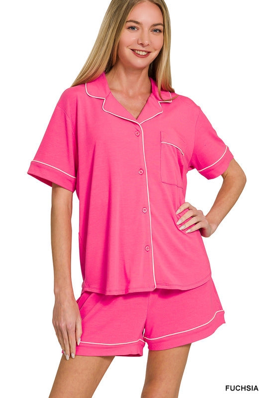HOT PINK SHORT SLEEVE BUTTON DOWN SHIRT & SHORTS - 2 PIECE SET