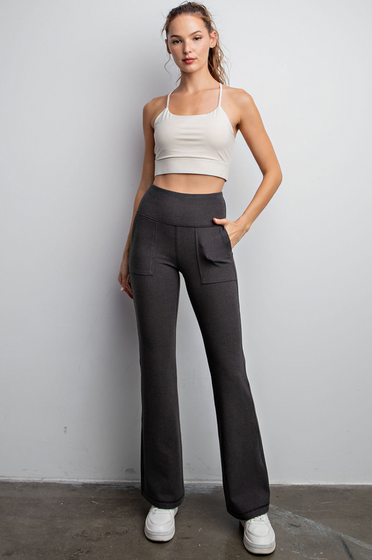 Black - Rib Brushed Bell Bottom Pants with Pockets