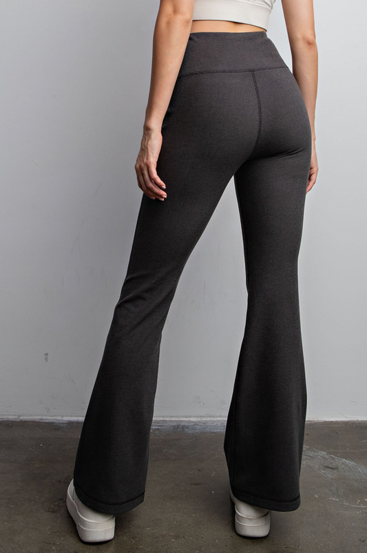 Black - Rib Brushed Bell Bottom Pants with Pockets