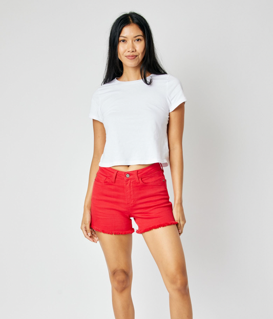 Judy Blue - Mid Rise Garment Dyed Red Fray Hem Shorts