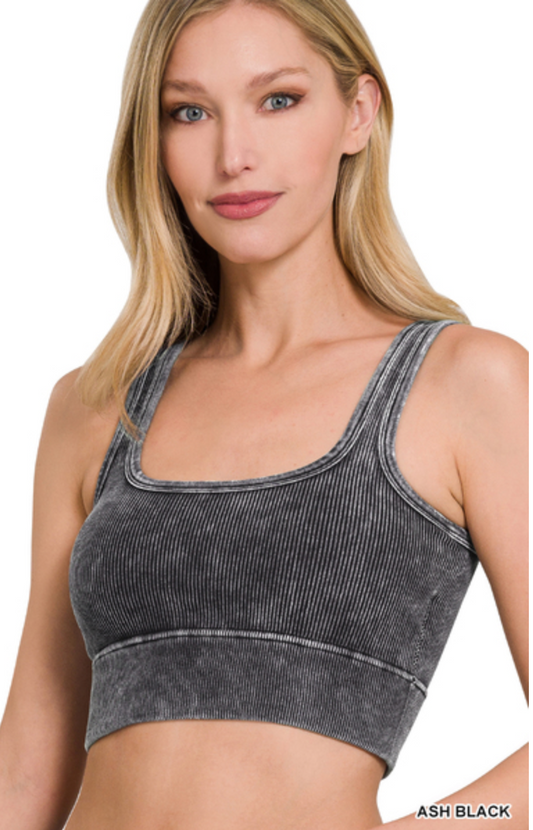 ASH BLACK WASHED RIBBED SQUARE NECK CROP W/ BRA PADS
