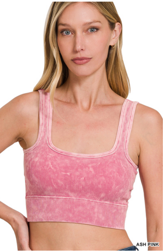 ASH PINK WASHED RIBBED SQUARE NECK CROP W/ BRA PADS