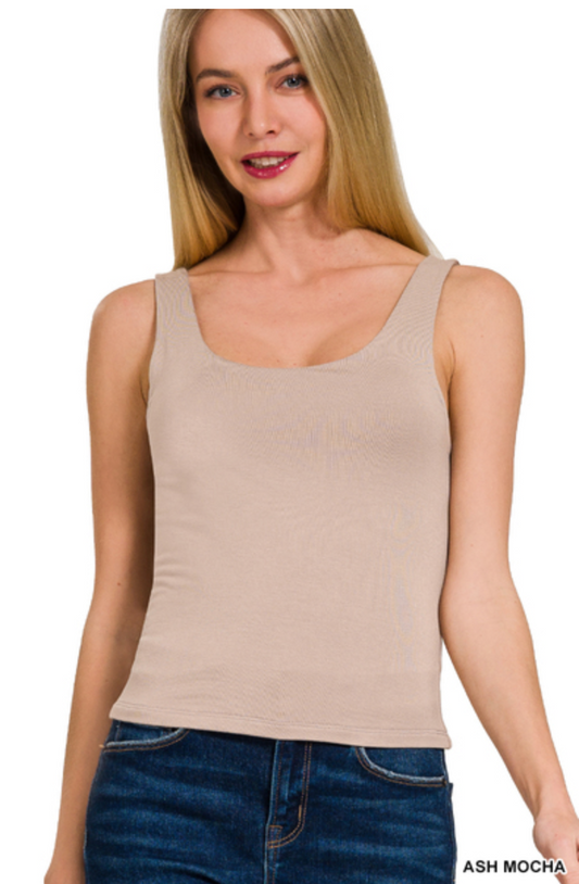 ASH MOCHA DOUBLE LAYER ROUND NECK TANK