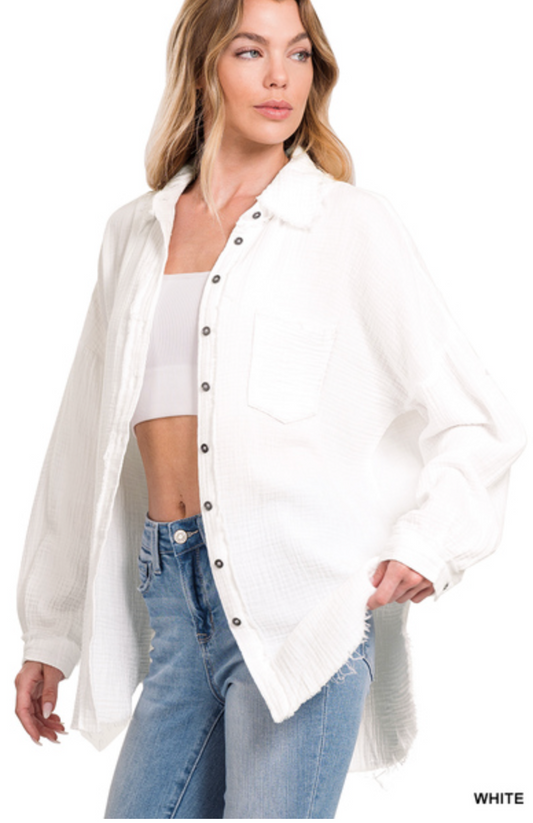 WHITE DOUBLE GAUZE OVERSIZED RAW EDGE SHIRT