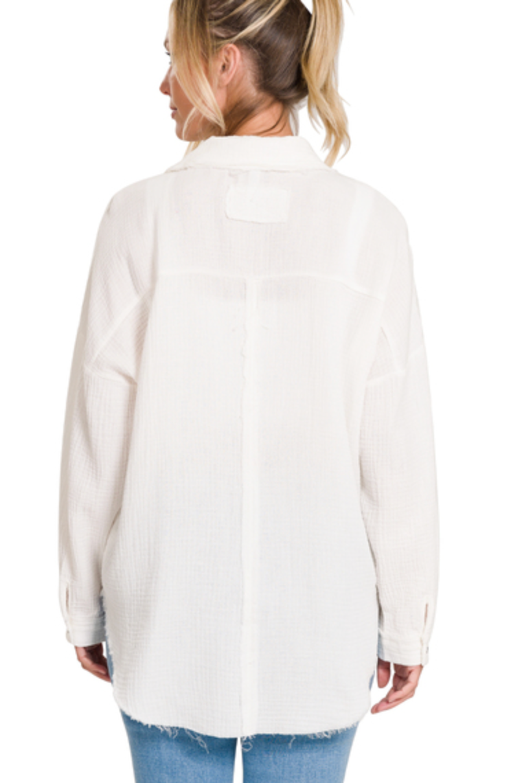 WHITE DOUBLE GAUZE OVERSIZED RAW EDGE SHIRT