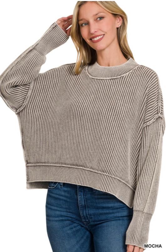 MOCHA WASHED SIDE SLIT OVERSIZED CROPPED SWEATER