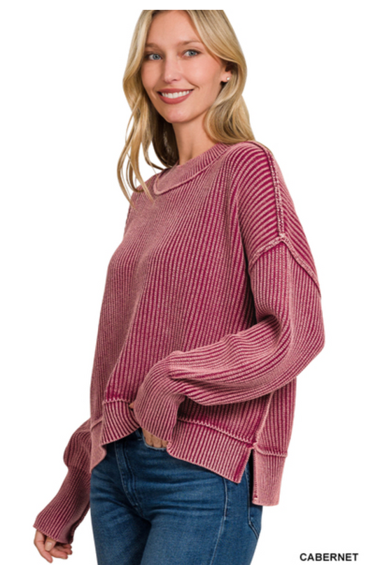 CABRENET WASHED SIDE SLIT OVERSIZED CROPPED SWEATER