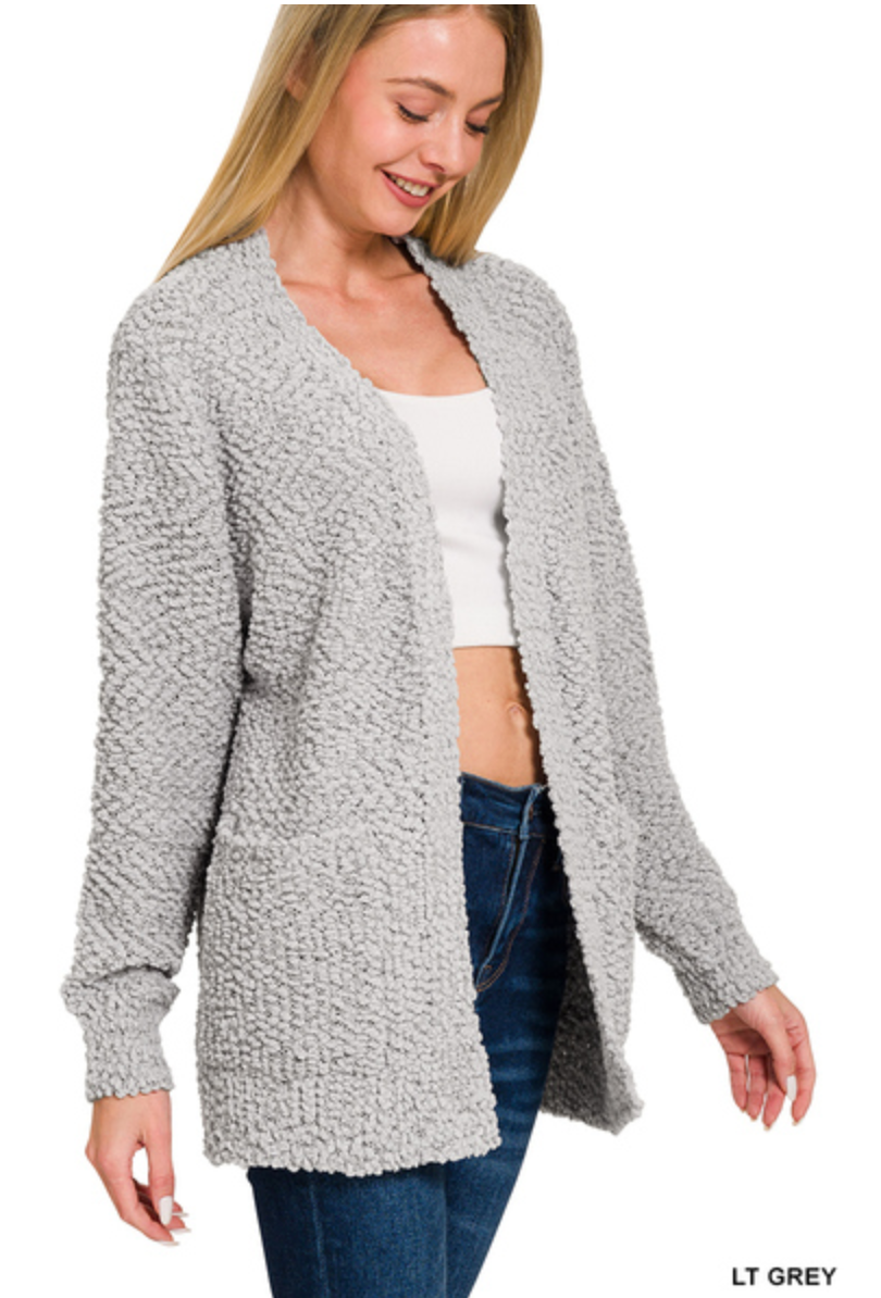 LIGHT GREY  POPCORN SWEATER CARDIGAN WITH POCKETS