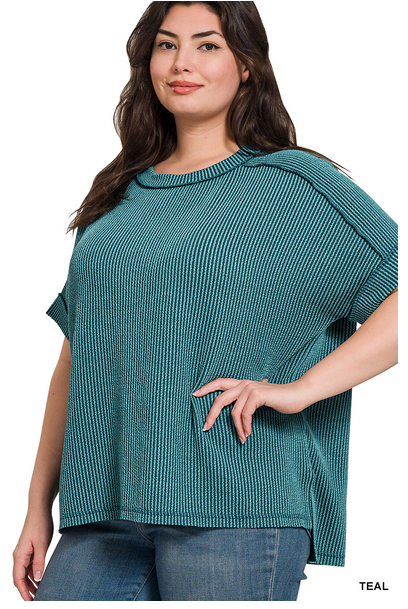 TEAL CORDED CUFFED SLEEVE TOP