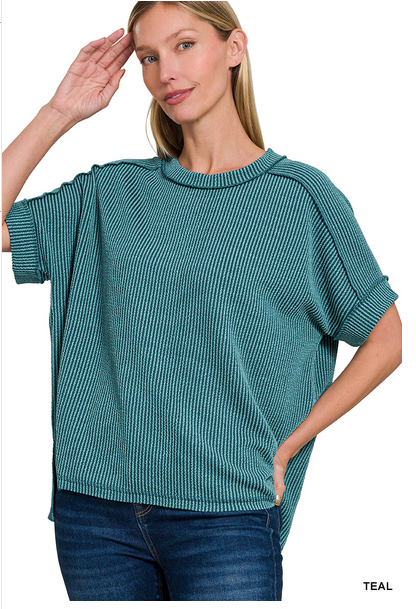 TEAL CORDED CUFFED SLEEVE TOP