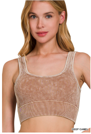 DEEP CAMEL WASHED RIBBED SQUARE NECK CROP W/ BRA PADS