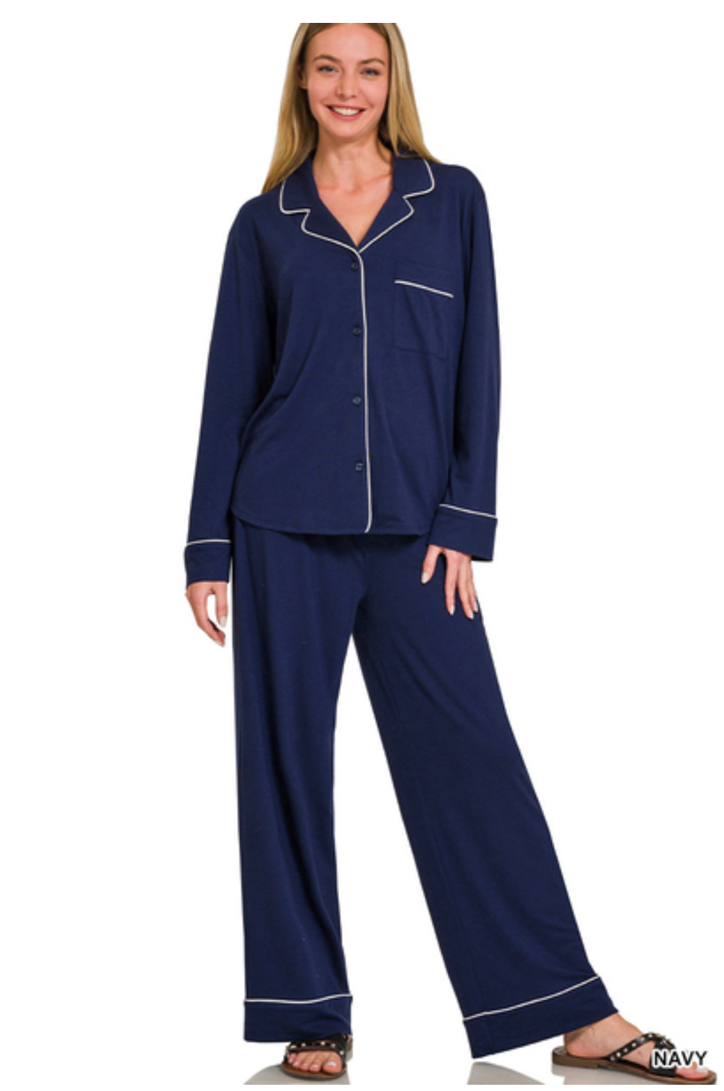 Navy Button Bown Pajama Set