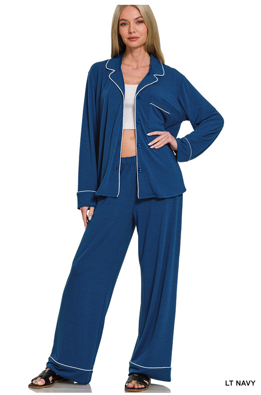 Navy Button Bown Pajama Set