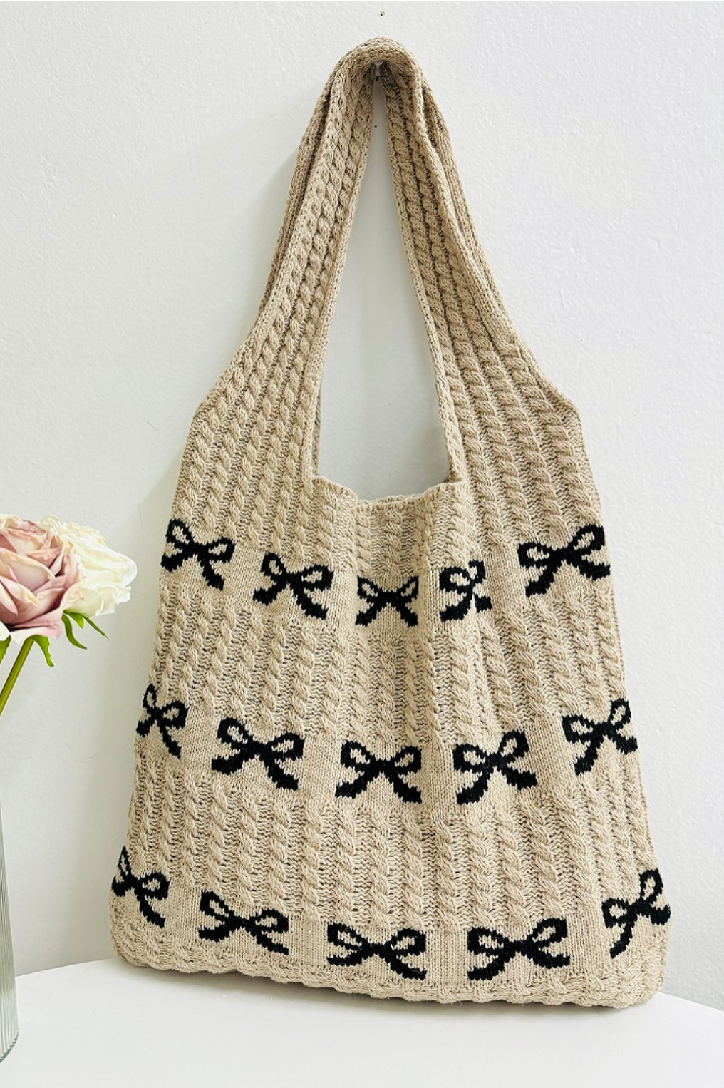 Ribbon Bow Pattern Knitted Woven Crochet Tote